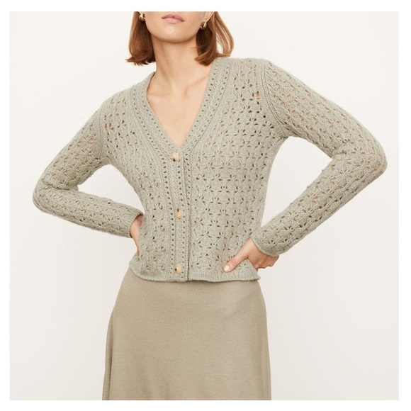 NWT Vince Wool & Cashmere Crochet Sage Green Cardigan Sweater Size L